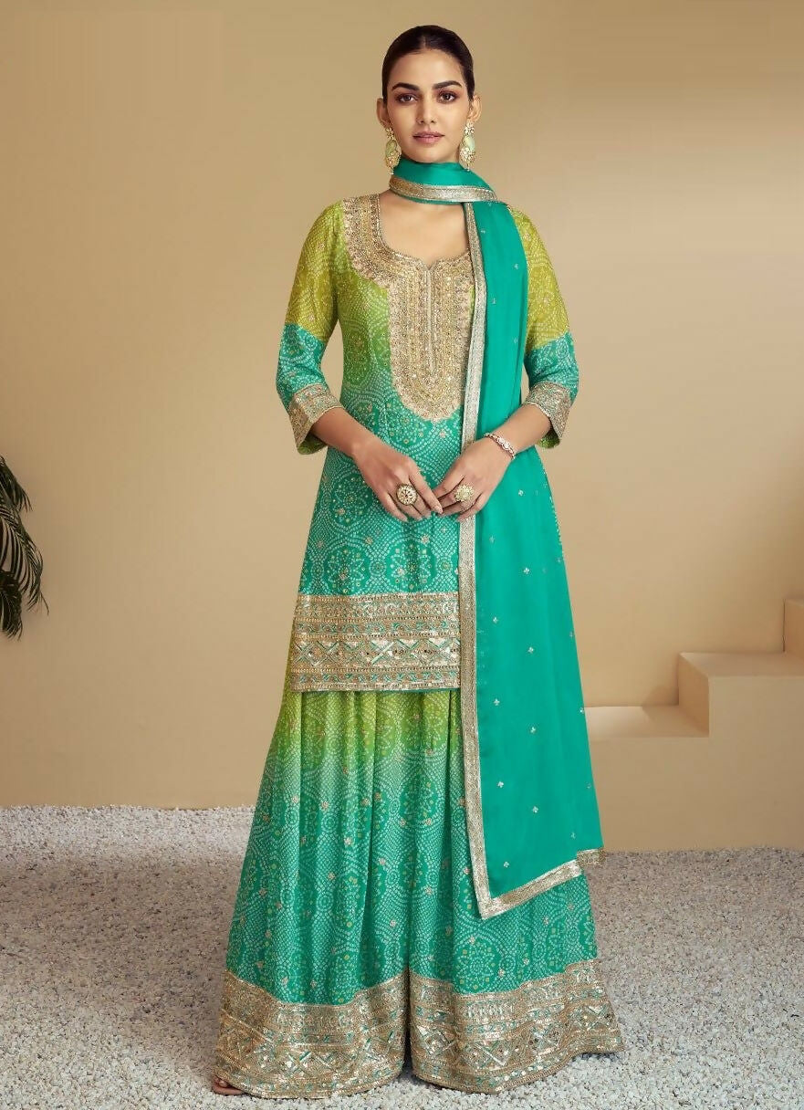 Anaita Green Digital print with Embroidered Silk Stitched Plazo Suit | Grocsy