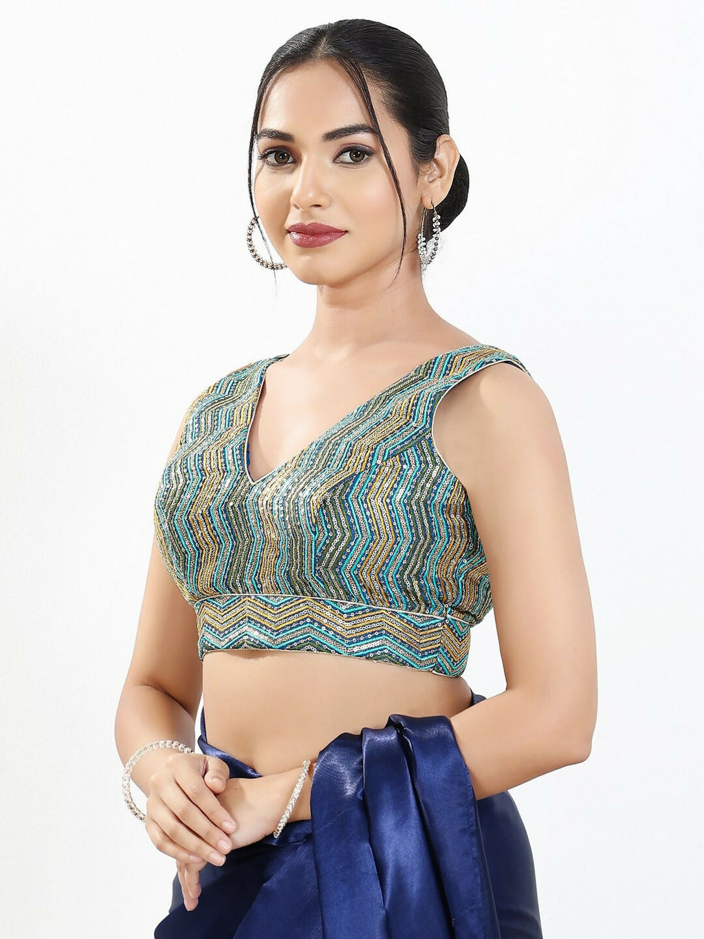 Joban Fashion Blue Multi Silk Padded Blouse With V Neck Sleeveless | Grocsy