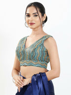 Joban Fashion Blue Multi Silk Padded Blouse With V Neck Sleeveless | Grocsy