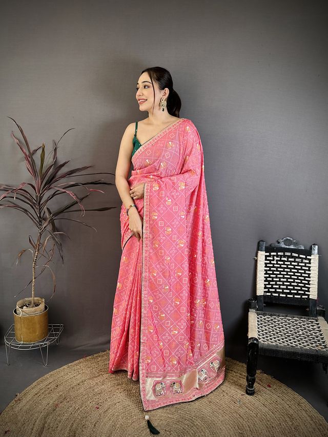 Elora Pink Vichitra Silk Animal Motifs Foil Print Sequence & Zari Embroidery Work Bandhani Saree | Grocsy