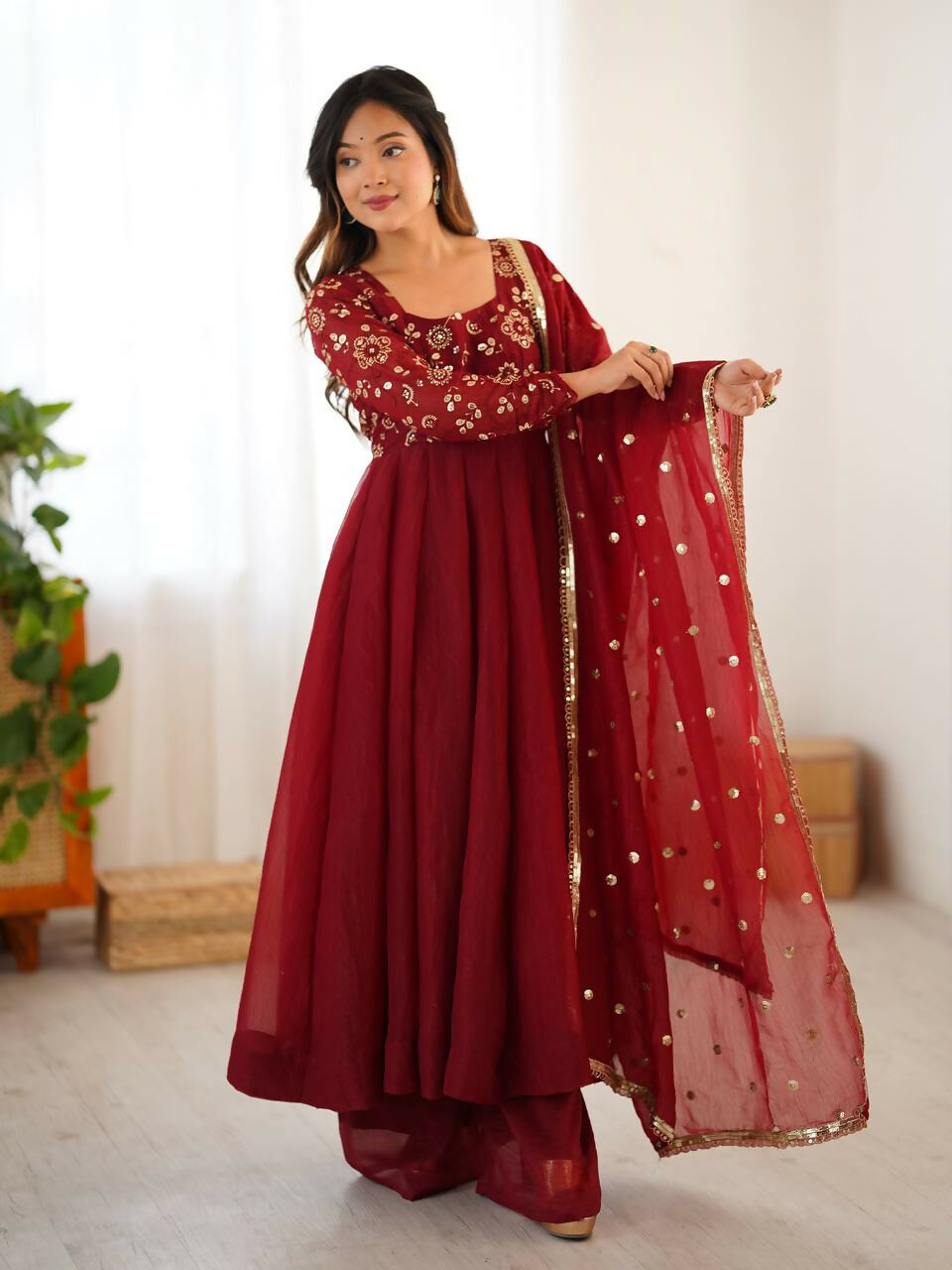 Teeya Creation New Trendy Stylish Elegant Finish With Full Flair Maroon Gown Set | Grocsy