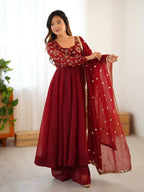 Teeya Creation New Trendy Stylish Elegant Finish With Full Flair Maroon Gown Set | Grocsy
