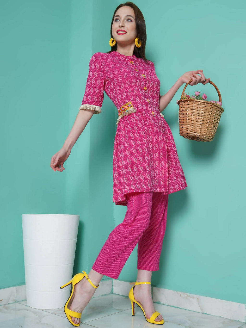 Women Republic Pink Cotton Kantha Kurta Set | Grocsy