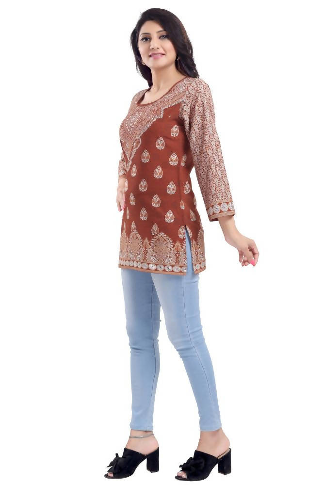 Snehal Creations Faux Crepe Rust Short Kurti Tunic Top | Grocsy