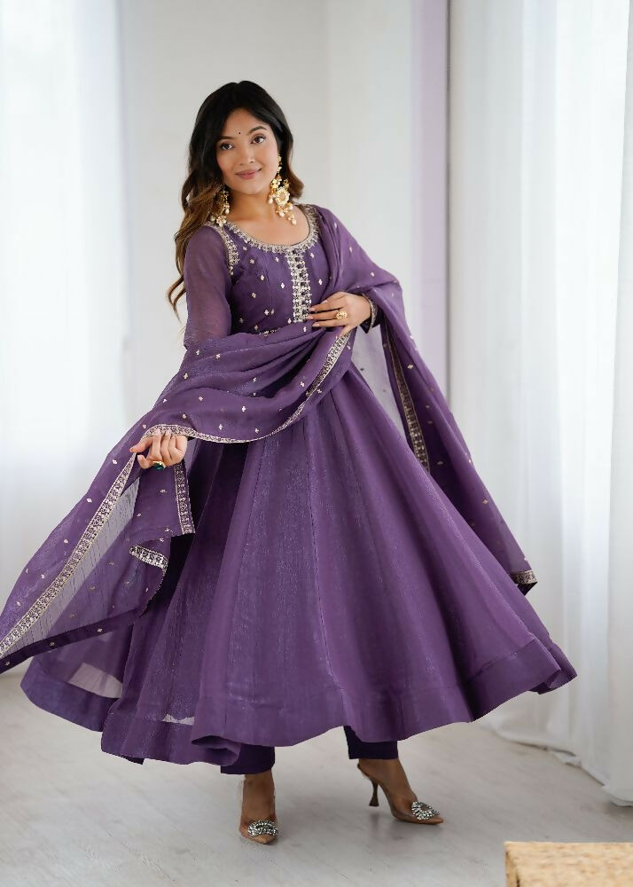 The52 Women's Beautiful Embroidery Work Crunchy Silk Fabric Flared Anarkali Pant and Dupatta Set | Grocsy