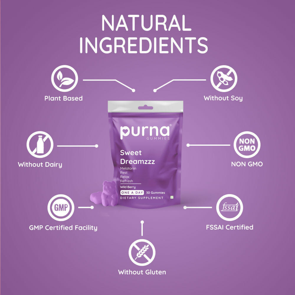 Purna Gummies Melatonin Wild Berry Flavour Gummies for Sleep Well & Reduced Stress | Grocsy