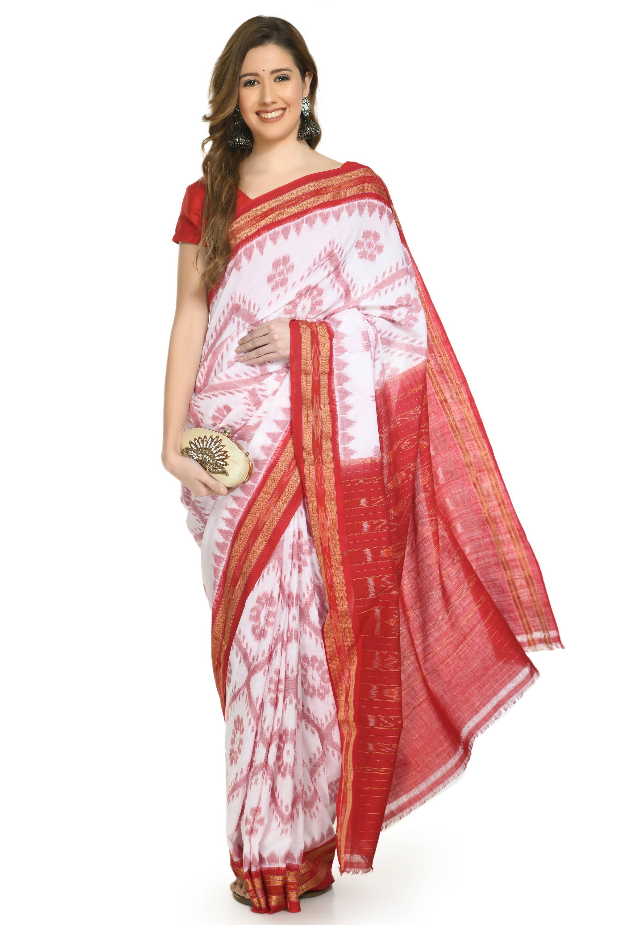 Vamika Sambalpuri Ikat Cotton Dehabandha Badafula White & Red Saree | Grocsy