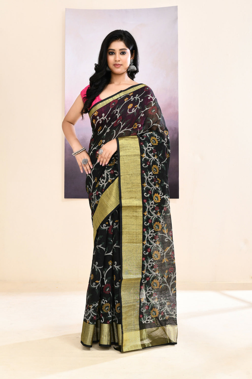 Piyari Fashion Women's Black Embellished Cotton Blend Printed Saree | Grocsy