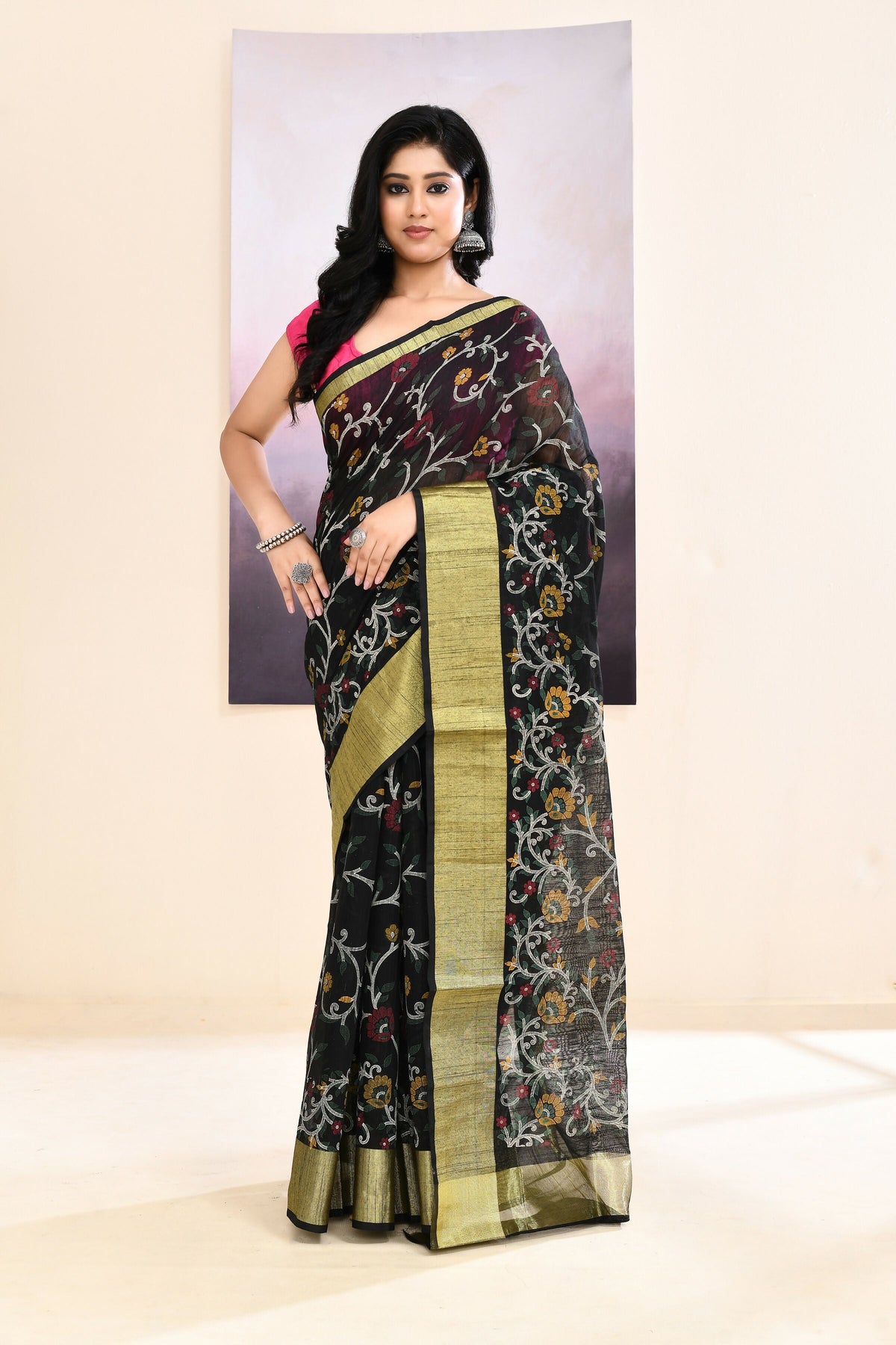 Piyari Fashion Women's Black Embellished Cotton Blend Printed Saree | Grocsy