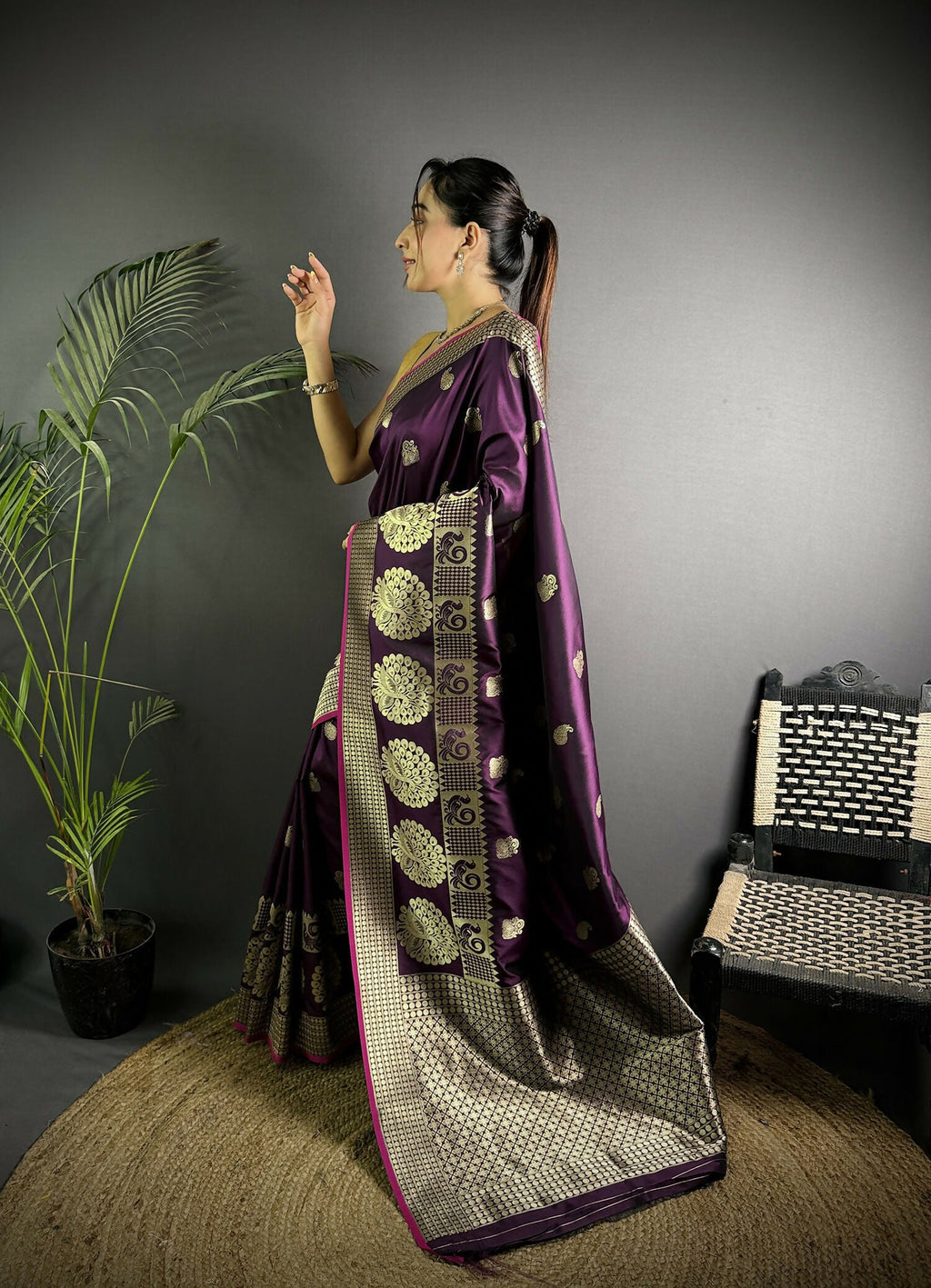 Joban Fashion Wine Banarasi Soft Lichi Silk Paisley Saree | Grocsy