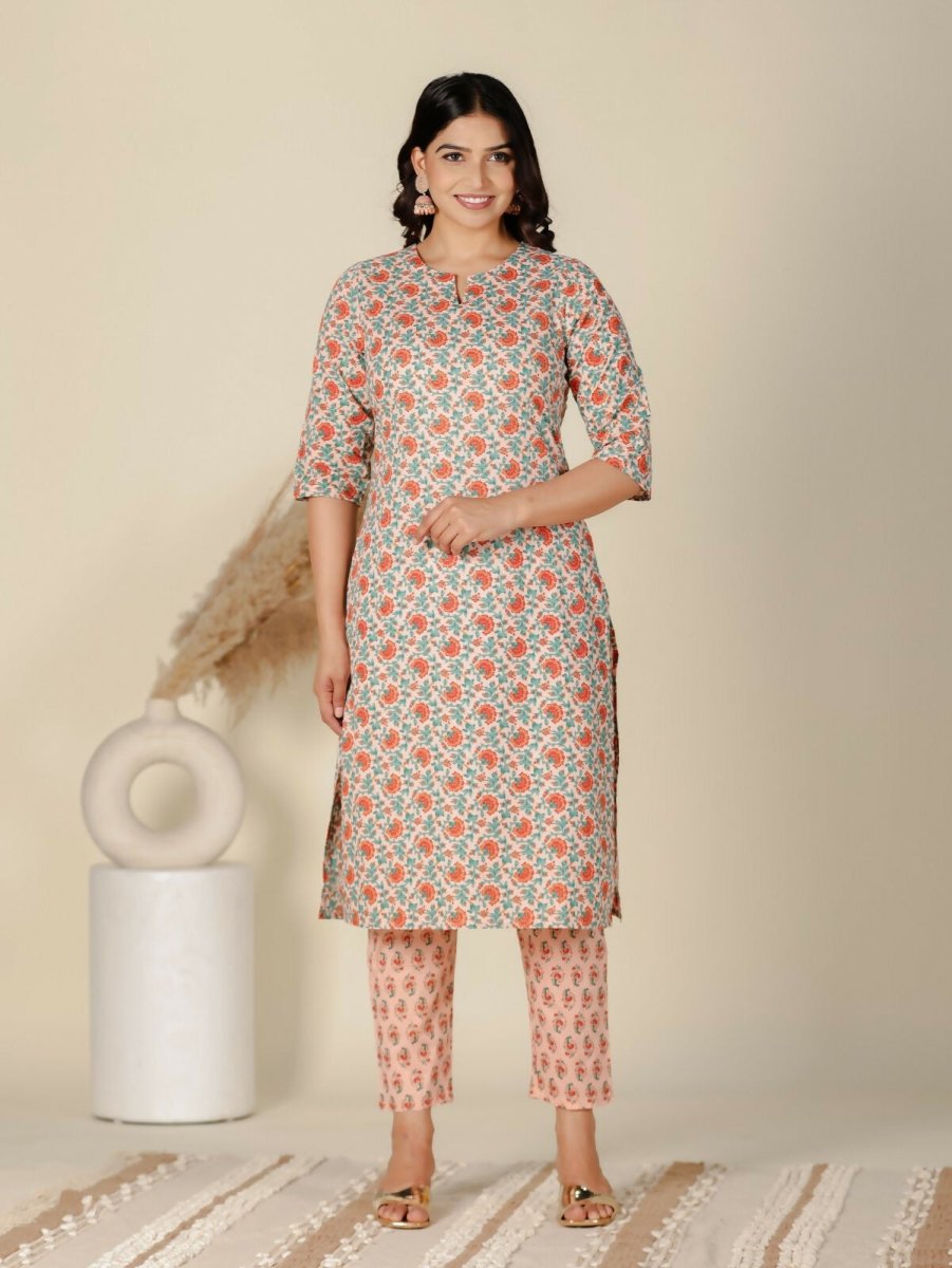 Aramya Orange Soft Cotton Floral Print Straight Kurta Set for Women | Grocsy