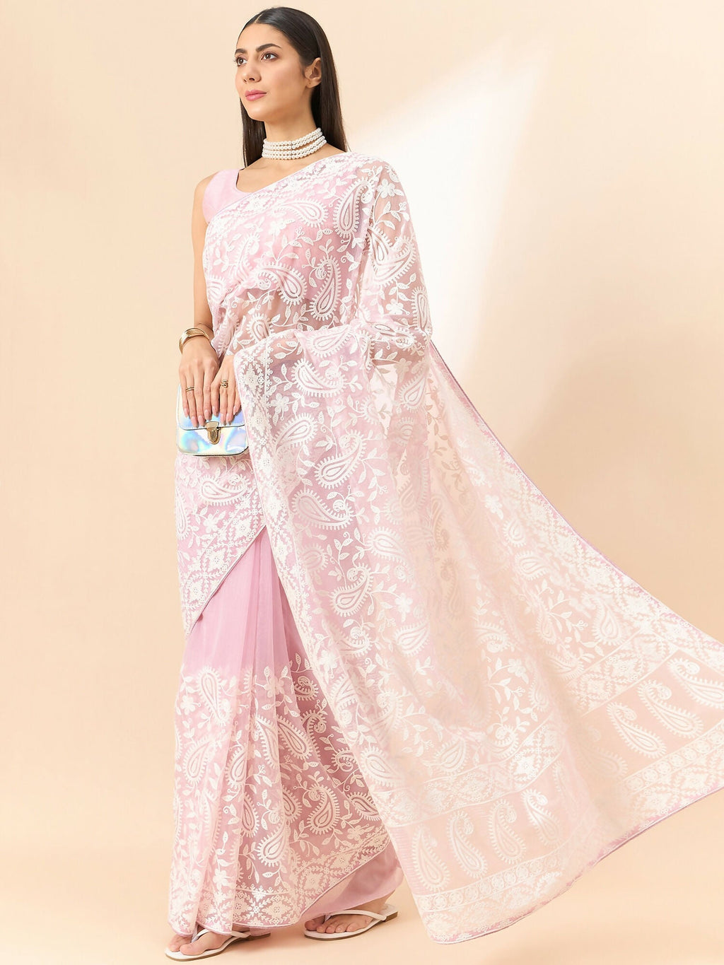 Purple Organza Paisely Embroidered Saree with Unstitched Blouse Piece - Roozal | Grocsy
