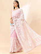 Purple Organza Paisely Embroidered Saree with Unstitched Blouse Piece - Roozal | Grocsy
