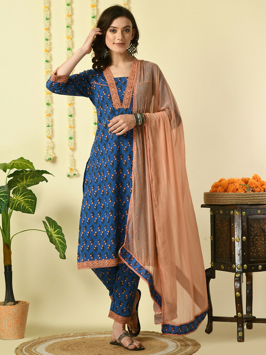 Myshka Women's Blue Pure Cotton Kurta & Trousers With Dupatta Party Sets | Grocsy