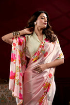 Vastranavya Peach Satin Silk Floral Printed with Pearl Lace Saree with Unstitched Blouse | Grocsy