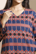 Breathables Women'S Blue Cotton Abstract Print Loungewear Co-Ord Set – Long Kurta & Pants | Grocsy