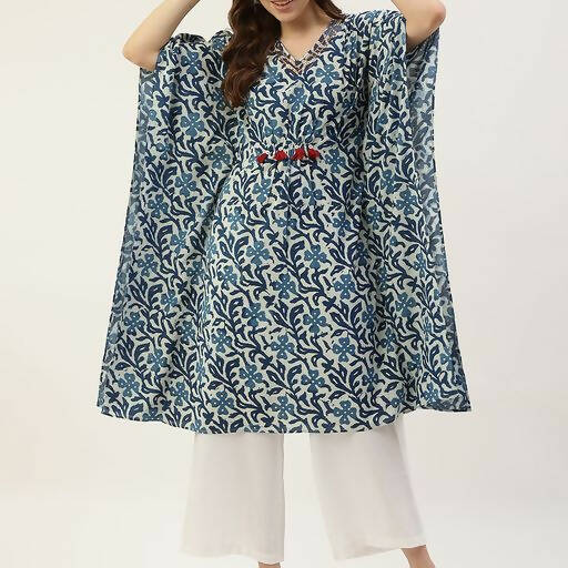 FIORRA Women's Printed Pure Cotton Kaftan Kurta - Blue | Grocsy