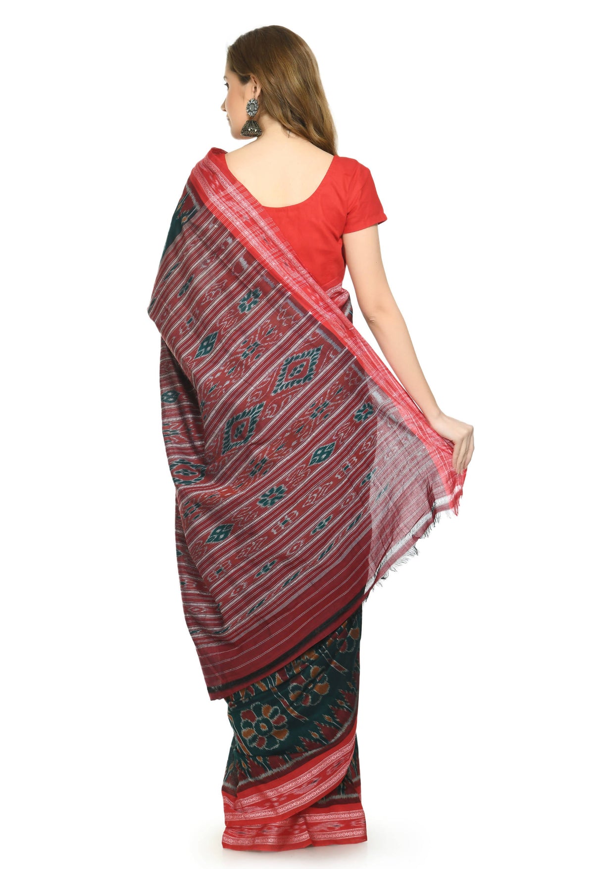 Vamika Sambalpuri Ikat Cotton Dehabandha Green & Red Saree | Grocsy