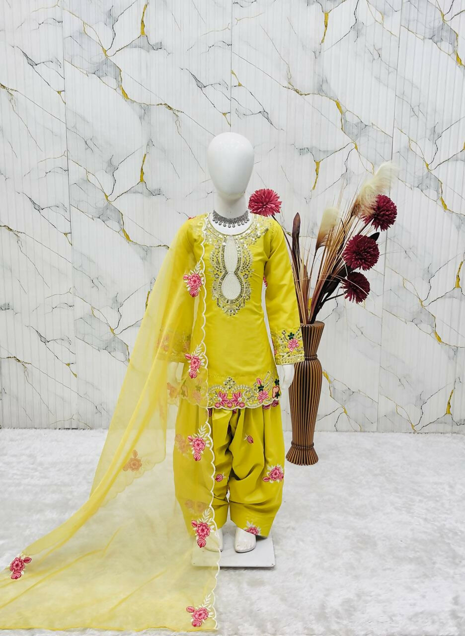Teeya Creation New Kids Trendy Wedding Wear Traditional Kurta Salwar Set-Yellow | Grocsy