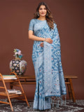 Shree Shyam Fashion Pankhuri Sky Blue Linen Cotton Saree | Grocsy