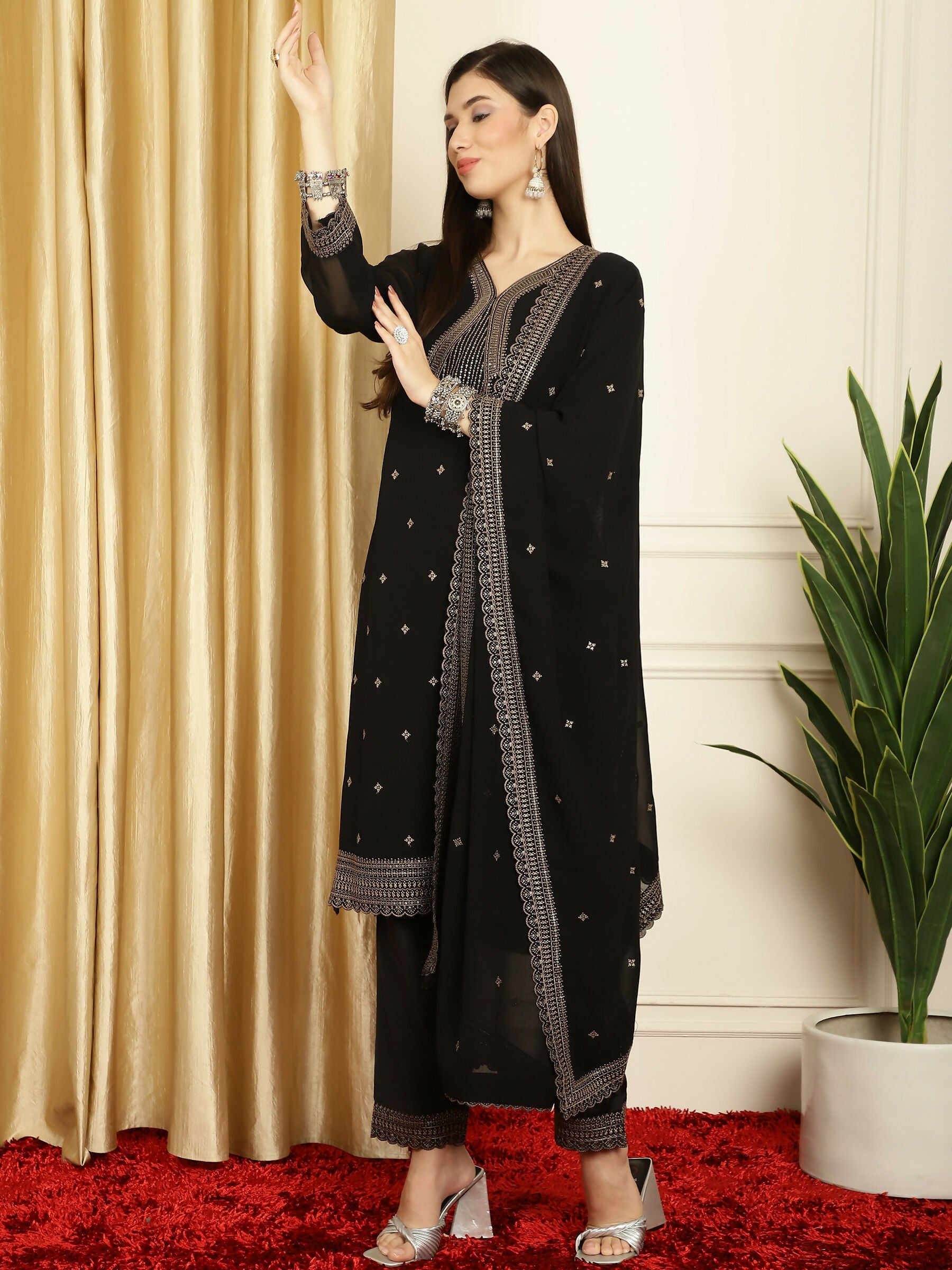 Jyoti Fashion Women's Black Georgette Resham Thread & Sequin Kurta with Trouser & Dupatta | Grocsy