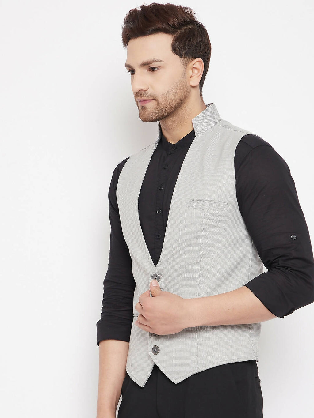 Even Apparels Grey Merino Men Woven Nehru Jacket | Grocsy