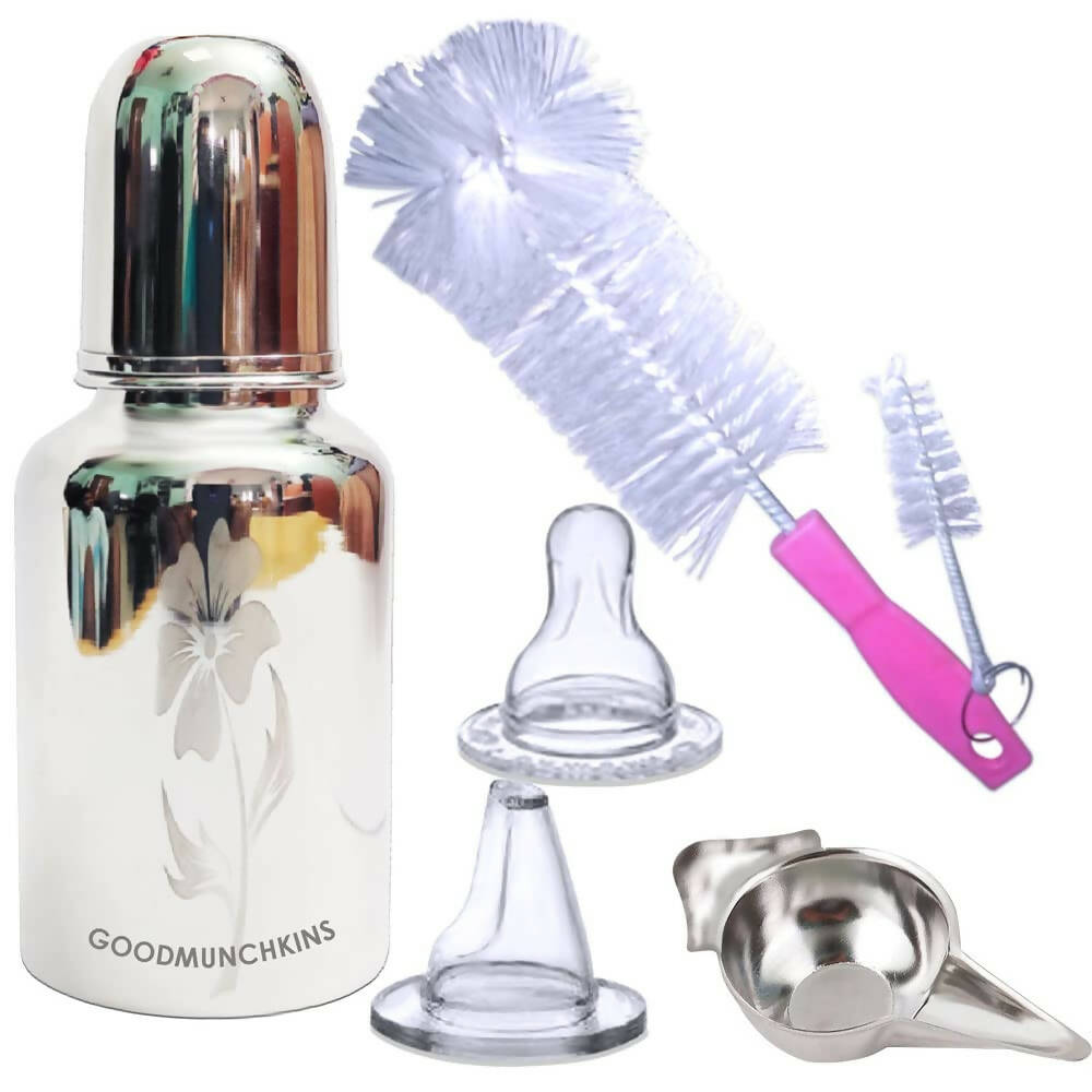 Goodmunchkins Stainless Steel Feeding Bottle with Bottle Cleaning Brush/Chakku/Anti Colic Silicone Nipple Combo-(150ml,Pink) | Grocsy