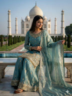 Teeya Creation Teal Fendy Silk Heavy Embroidery Work Party Wear Palazzo Suit | Grocsy
