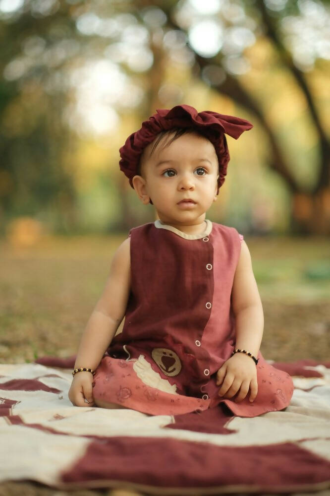 Mhyssa Amara Lion Patch Sleeveless A-line Maroon Frock | Grocsy