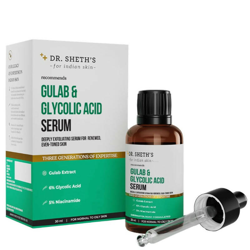Dr. Sheth's Gulab & Glycolic Acid Face Serum with 5% Niacinamide, Skin Texture & Uneven Skin, For Normal to Oily Skin | Grocsy