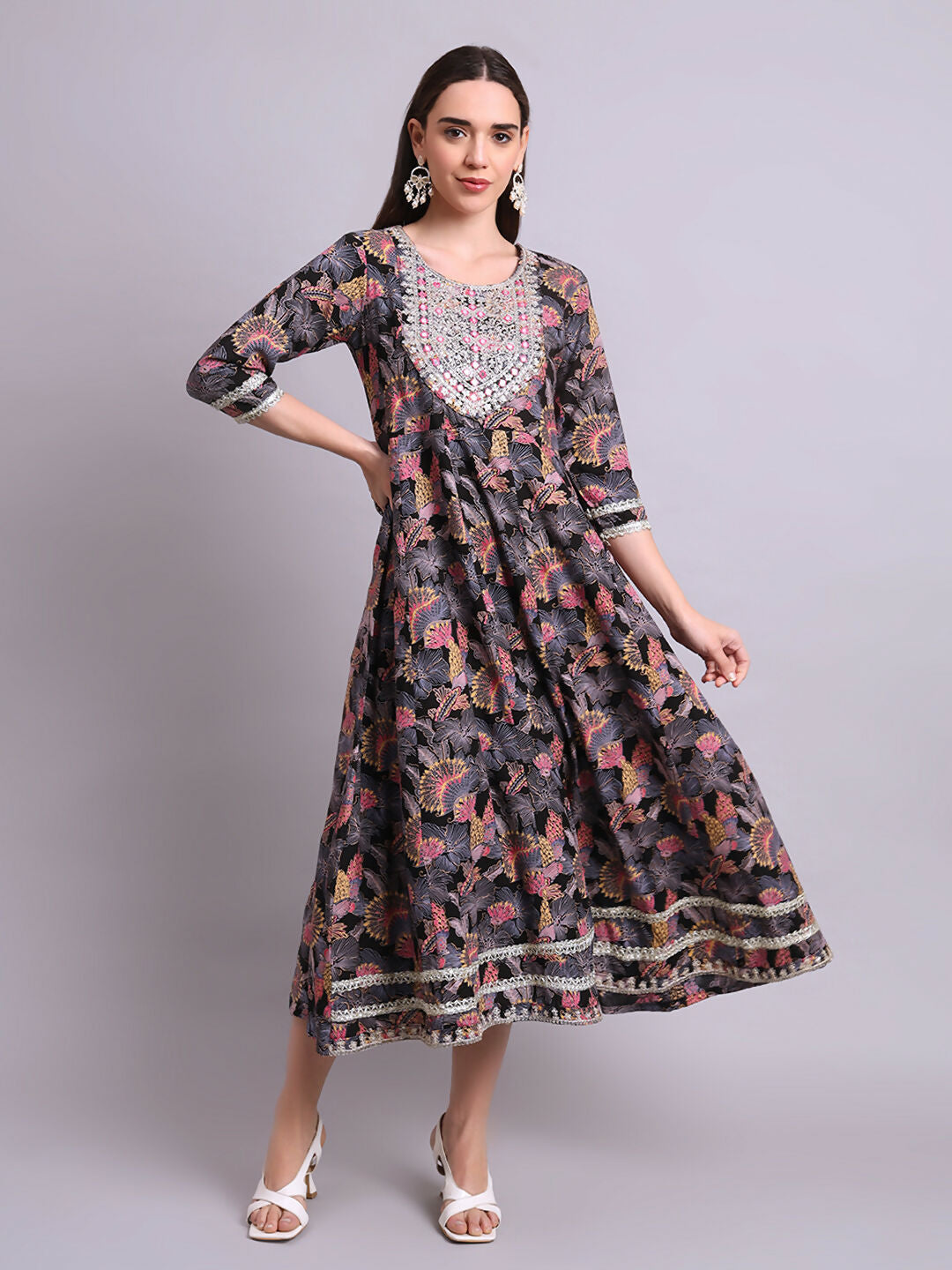 Joban Fashion Black Cotton Floral Printed & Embroidery Work Anarkali Dress | Grocsy