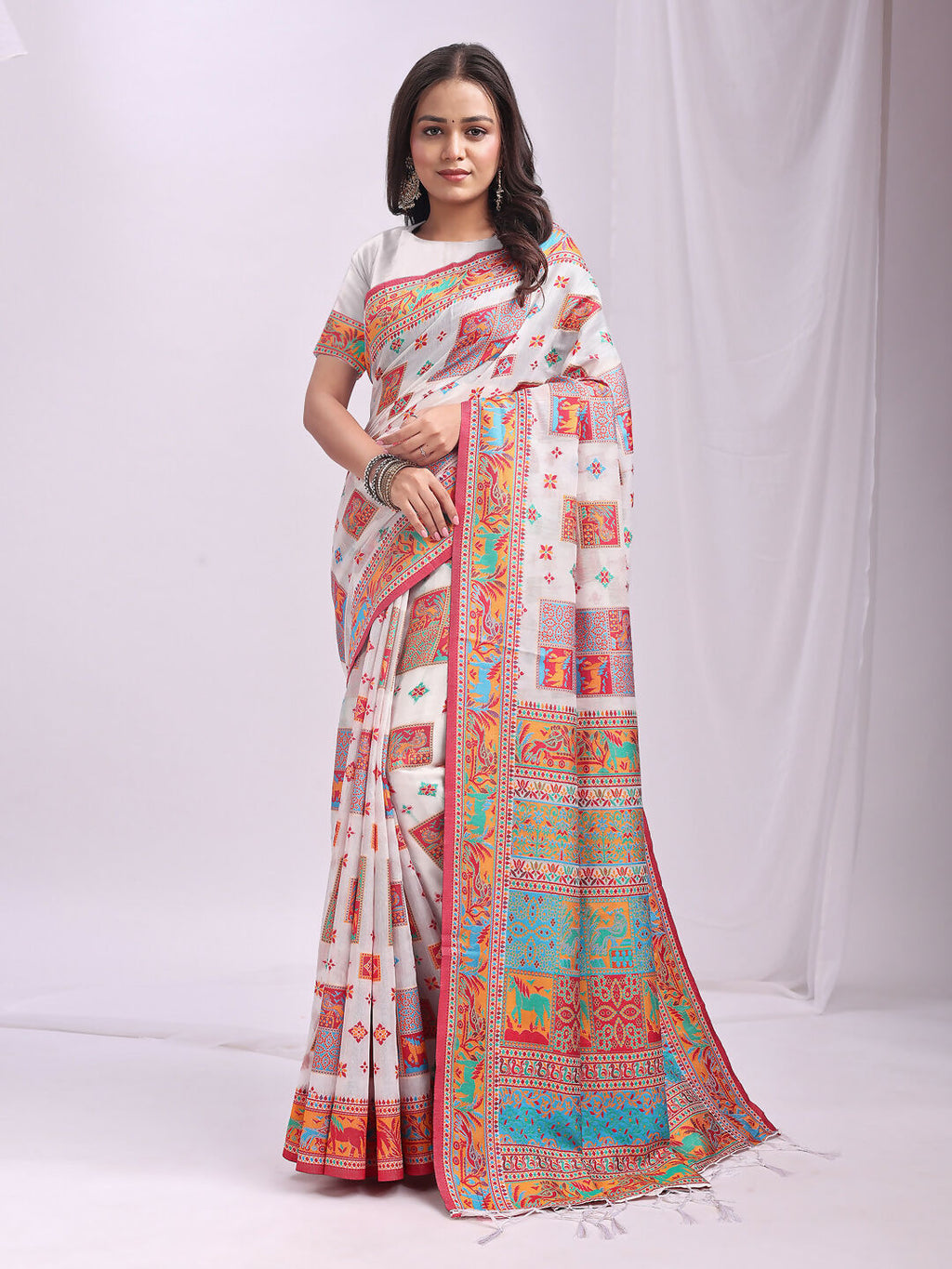 Shree Shyam Fashion Vastraloom White Linen Cotton Saree | Grocsy