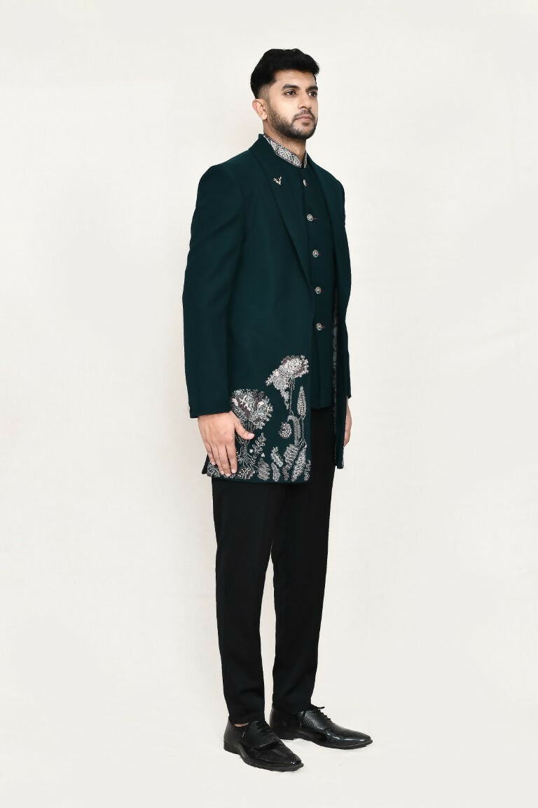 Joban Fashion Green Colored Imported Polyester Fabric Open Prince Coat, Jacket With Pant | Grocsy