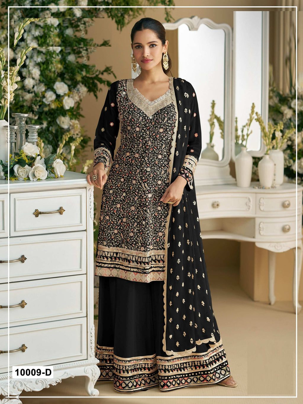 Anaita Black Embroidered Faux Georgette Unstitched Plazo Suit | Grocsy