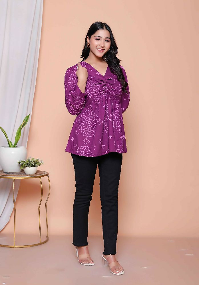 Miravan Womens Purple Bandhani Printed Butterfly Style Top | Grocsy