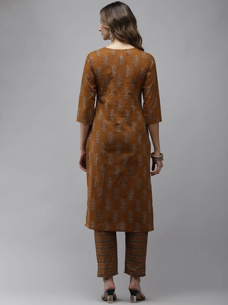 Yufta Women Mustard Brown Sequinned Pure Cotton Kurta with Trouser | Grocsy