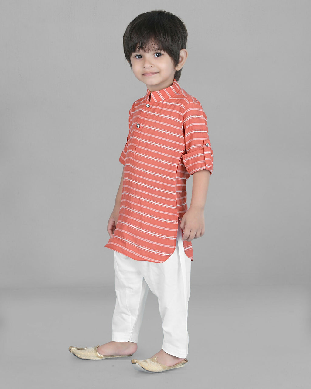 Joban Fashion Kids Island Cotton Full Sleeves Striped Kurta and Pyjama- Peach | Grocsy