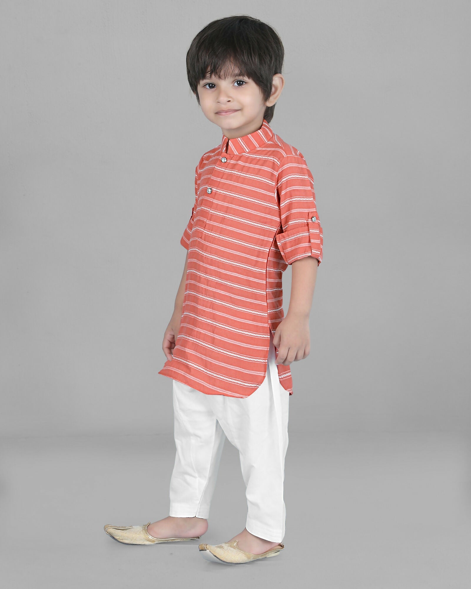 Joban Fashion Kids Island Cotton Full Sleeves Striped Kurta and Pyjama- Peach | Grocsy