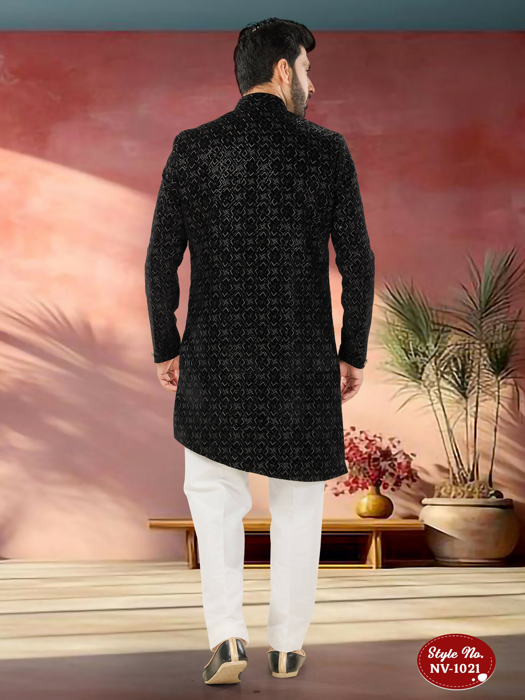 Joban Fashion Men's Black Base Straight Velvet Thread And Sequence Embroidary All Over Indo-Western Kurta Set | Grocsy