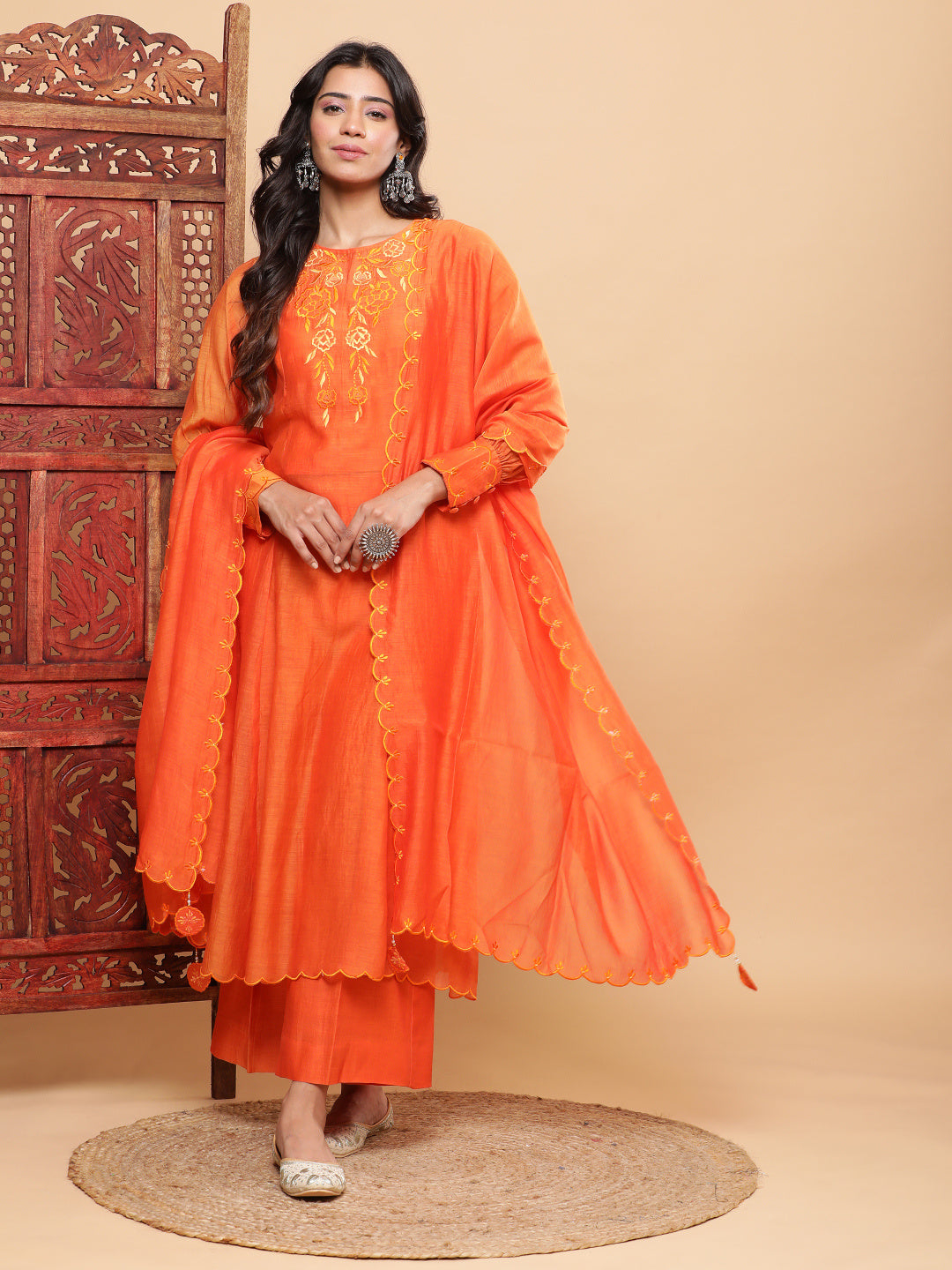 BohoJazz Nazm Embroidered Cuff-Sleeves Kurta Set with Dupatta - Rust Orange | Grocsy