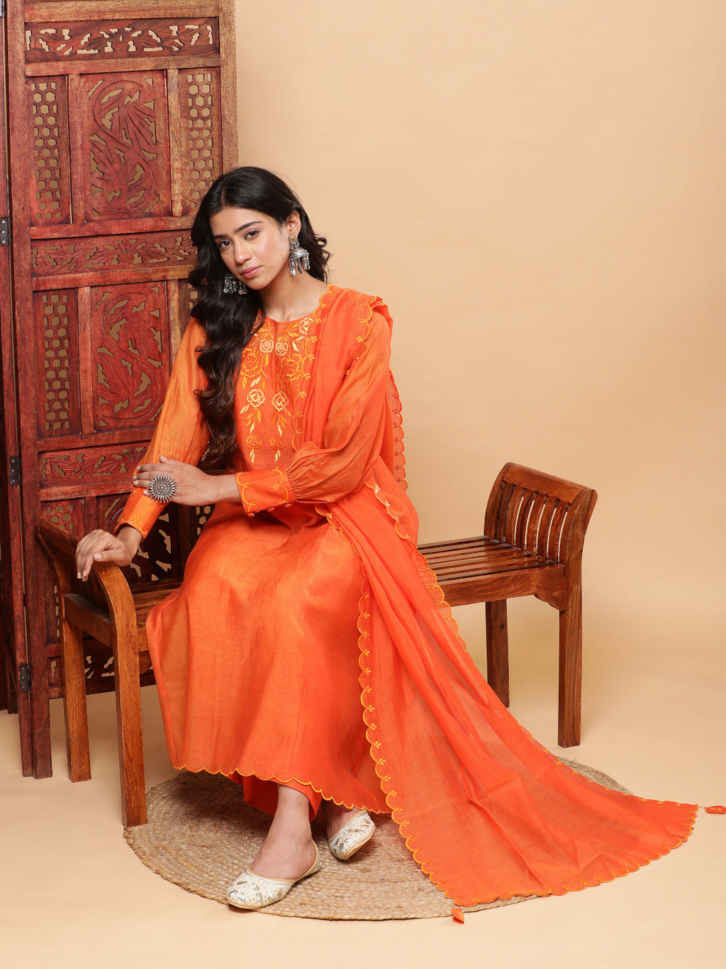 BohoJazz Nazm Embroidered Cuff-Sleeves Kurta Set with Dupatta - Rust Orange | Grocsy