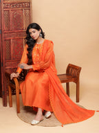 BohoJazz Nazm Embroidered Cuff-Sleeves Kurta Set with Dupatta - Rust Orange | Grocsy