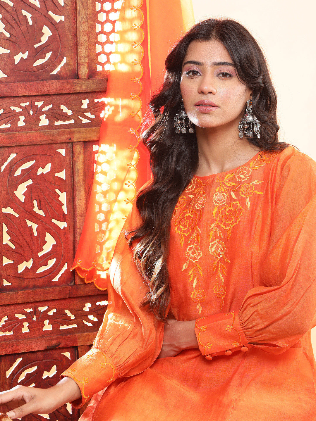 BohoJazz Nazm Embroidered Cuff-Sleeves Kurta Set with Dupatta - Rust Orange | Grocsy
