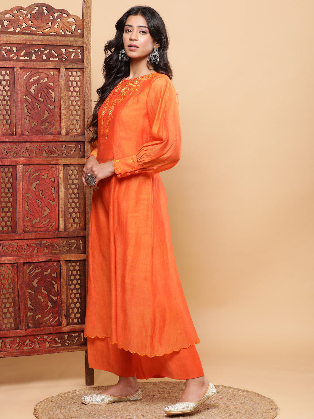 BohoJazz Nazm Embroidered Cuff-Sleeves Kurta Set with Dupatta - Rust Orange | Grocsy