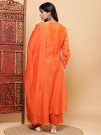 BohoJazz Nazm Embroidered Cuff-Sleeves Kurta Set with Dupatta - Rust Orange | Grocsy