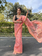 Vamsee Golden Patti Peach Organza Saree | Grocsy