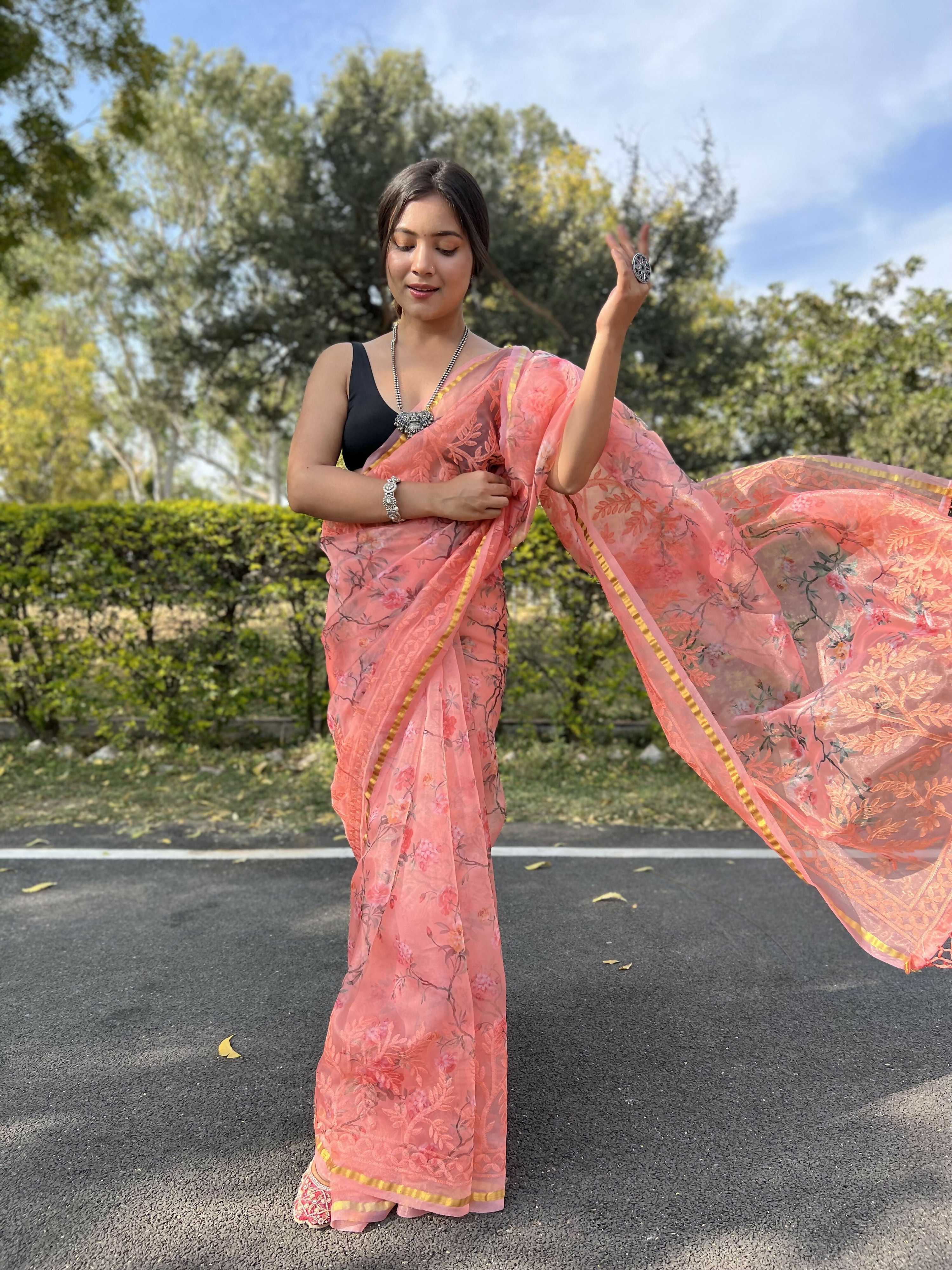 Vamsee Golden Patti Peach Organza Saree | Grocsy