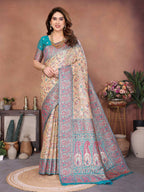 Teeya Creation New Latest Trendy Wedding Wear Pashmina Silk Saree-Cream | Grocsy