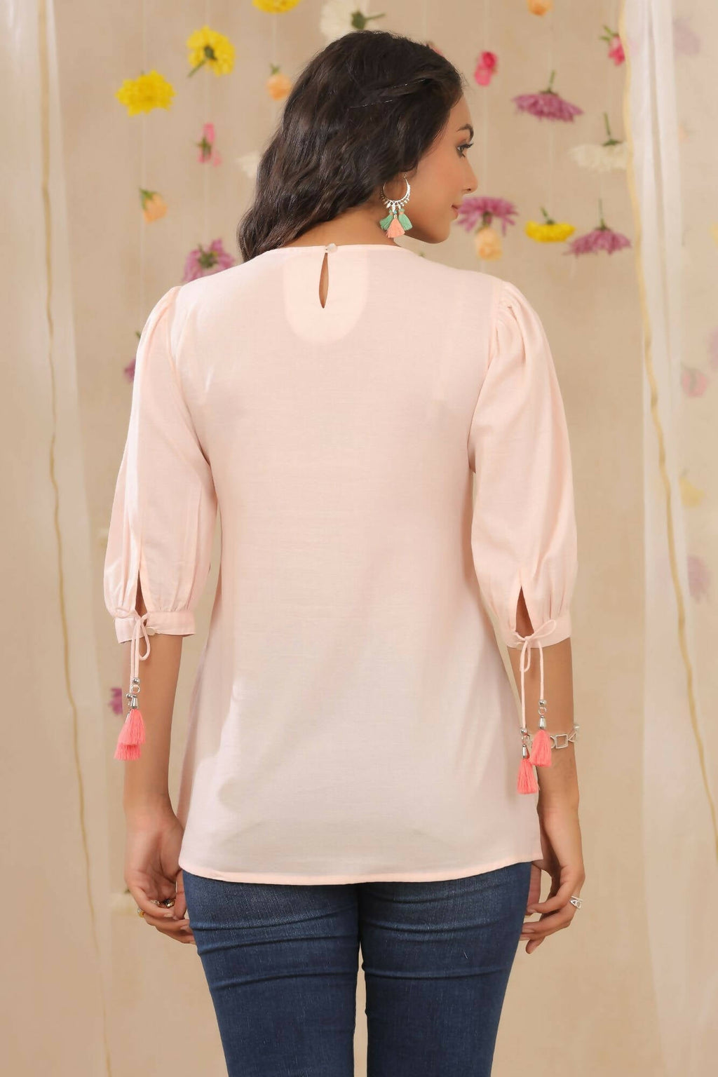 Juniper Women Peach Cotton Dobby Embroidered A-Line Tunic | Grocsy