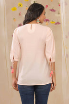 Juniper Women Peach Cotton Dobby Embroidered A-Line Tunic | Grocsy